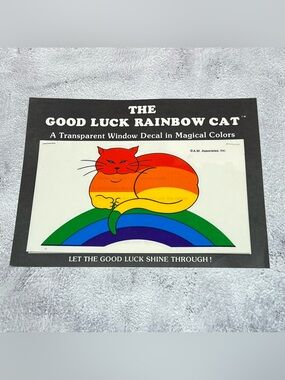 Vintage 70s Good Luck Rainbow Cat Window Decal Sun Catcher Sticker Retro Kitsch